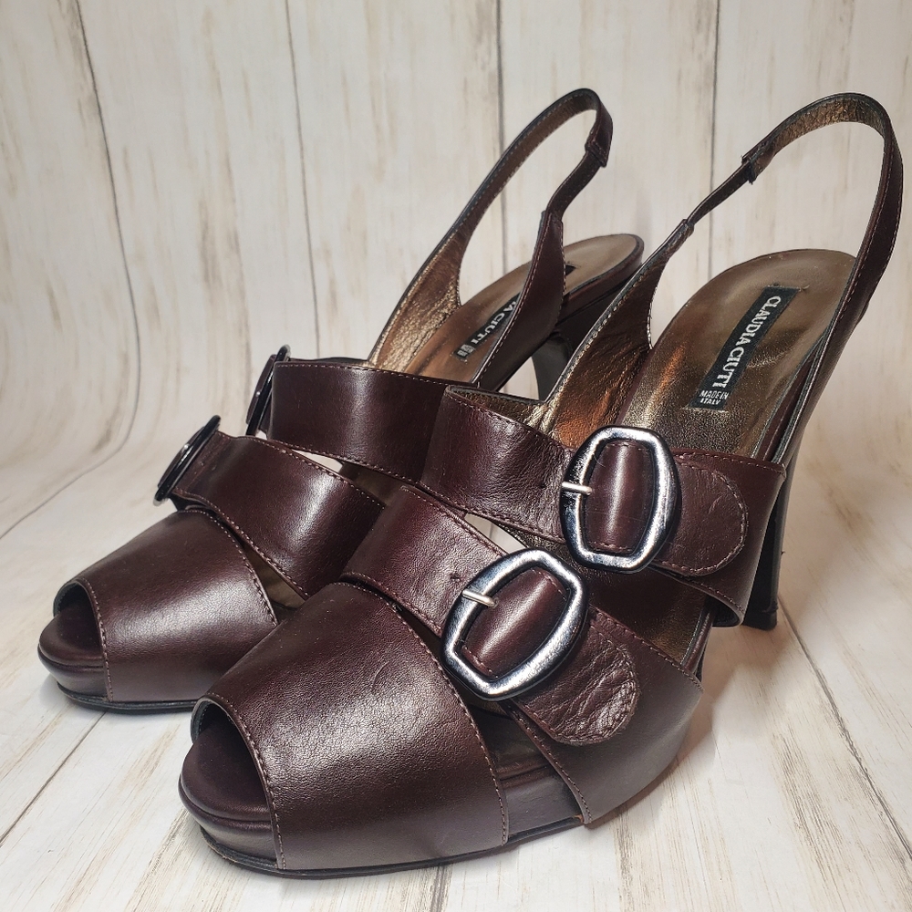 Claudia Ciuti Brown leather strappy buckle Platform Heels size 9 m made in Italy